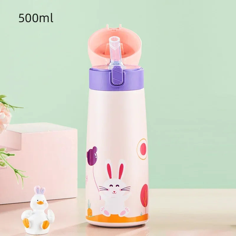 Bouteille isotherme en acier inoxydable pour enfants, avec paille et étui, motif dessin animé, anti-fuite, bouteille d'eau isotherme pour enfants