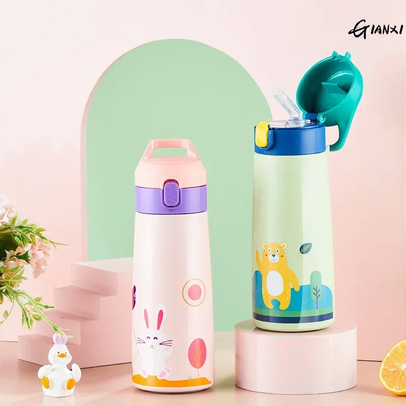 Bouteille isotherme en acier inoxydable pour enfants, avec paille et étui, motif dessin animé, anti-fuite, bouteille d'eau isotherme pour enfants
