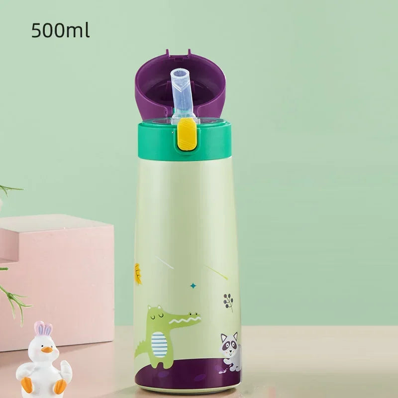 Bouteille isotherme en acier inoxydable pour enfants, avec paille et étui, motif dessin animé, anti-fuite, bouteille d'eau isotherme pour enfants