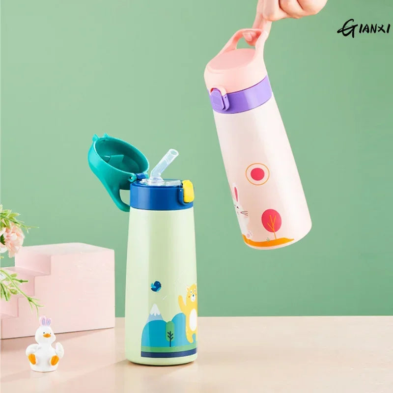 Bouteille isotherme en acier inoxydable pour enfants, avec paille et étui, motif dessin animé, anti-fuite, bouteille d'eau isotherme pour enfants