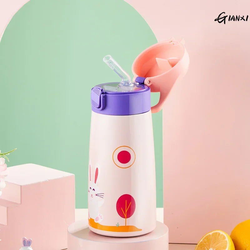 Bouteille isotherme en acier inoxydable pour enfants, avec paille et étui, motif dessin animé, anti-fuite, bouteille d'eau isotherme pour enfants