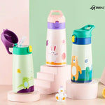 Bouteille isotherme en acier inoxydable pour enfants, avec paille et étui, motif dessin animé, anti-fuite, bouteille d'eau isotherme pour enfants
